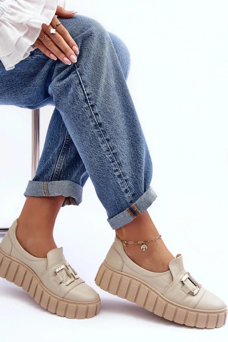 Best Boto Skórzane Półbuty Damskie Na Platformie Beżowe Lewski 3398 Beżowy