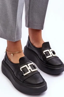 Damskie Boto Skórzane Półbuty Damskie Na Platformie Czarne Lewski 3398/2