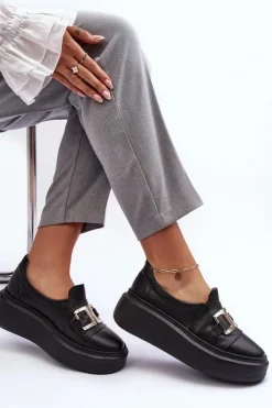 Damskie Boto Skórzane Półbuty Damskie Na Platformie Czarne Lewski 3398/2