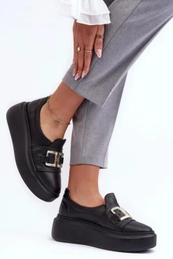 Damskie Boto Skórzane Półbuty Damskie Na Platformie Czarne Lewski 3398/2