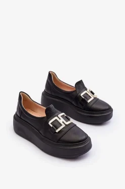 Damskie Boto Skórzane Półbuty Damskie Na Platformie Czarne Lewski 3398/2