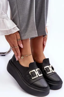 Damskie Boto Skórzane Półbuty Damskie Na Platformie Czarne Lewski 3398/2