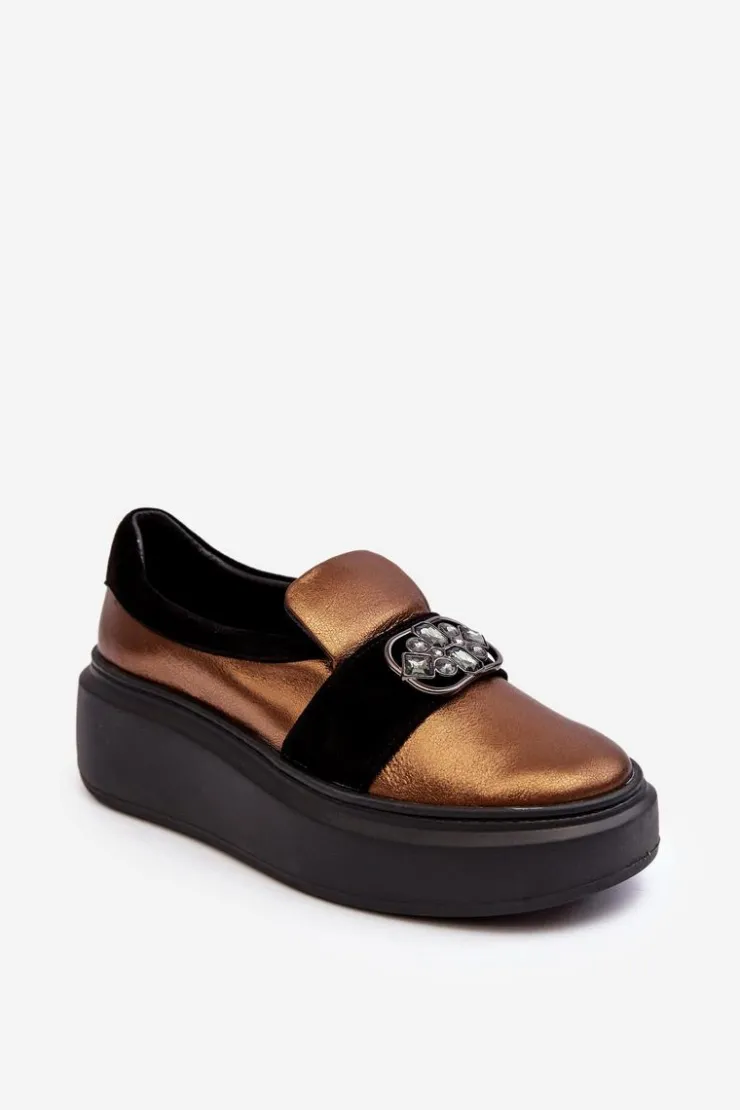 Laura Messi Półbuty Skórzane*Skórzane Półbuty Damskie Na Platformie Z Ozdobą 2697/744-300 Złote