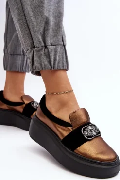 Laura Messi Półbuty Skórzane*Skórzane Półbuty Damskie Na Platformie Z Ozdobą 2697/744-300 Złote