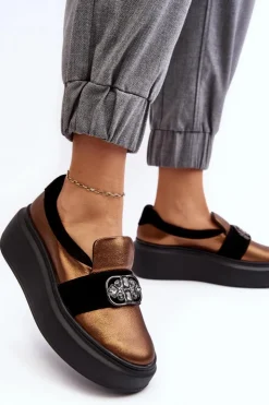 Laura Messi Półbuty Skórzane*Skórzane Półbuty Damskie Na Platformie Z Ozdobą 2697/744-300 Złote