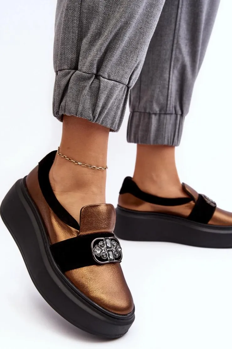 Laura Messi Półbuty Skórzane*Skórzane Półbuty Damskie Na Platformie Z Ozdobą 2697/744-300 Złote