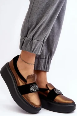 Laura Messi Półbuty Skórzane*Skórzane Półbuty Damskie Na Platformie Z Ozdobą 2697/744-300 Złote