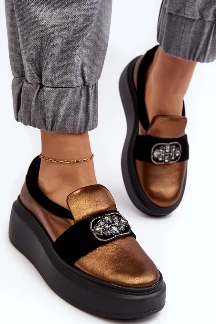 Laura Messi Półbuty Skórzane*Skórzane Półbuty Damskie Na Platformie Z Ozdobą 2697/744-300 Złote