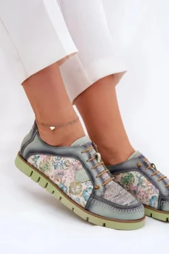 Maciejka Półbuty Skórzane*Skórzane Półbuty Damskie Wzorzyste 06784-09 Zielone Zielony