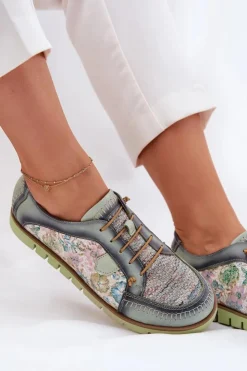 Maciejka Półbuty Skórzane*Skórzane Półbuty Damskie Wzorzyste 06784-09 Zielone Zielony