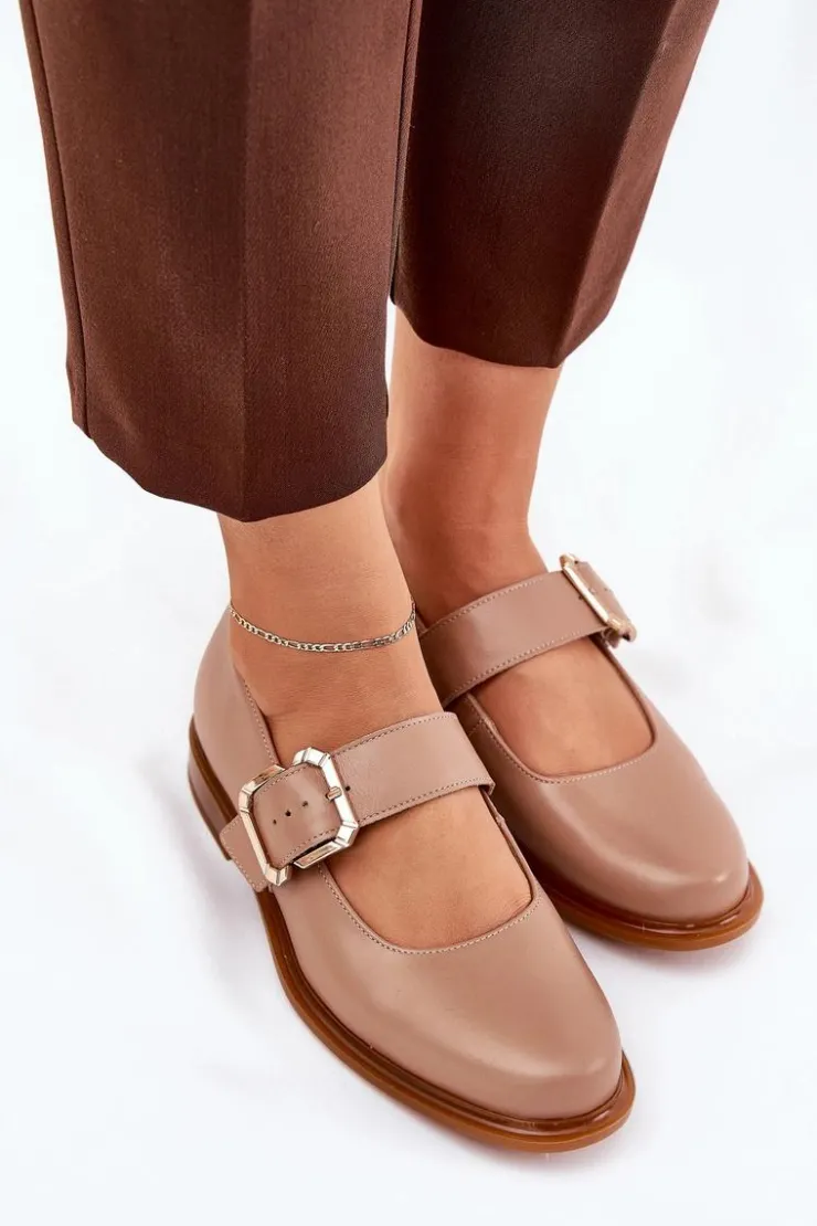 Laura Messi Półbuty Skórzane*Skórzane Półbuty Damskie Z Klamrą 2980 Ciemnobeżowe Beżowy