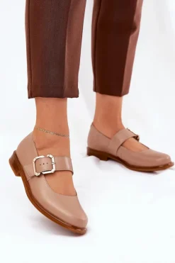 Laura Messi Półbuty Skórzane*Skórzane Półbuty Damskie Z Klamrą 2980 Ciemnobeżowe Beżowy