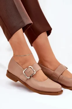 Laura Messi Półbuty Skórzane*Skórzane Półbuty Damskie Z Klamrą 2980 Ciemnobeżowe Beżowy