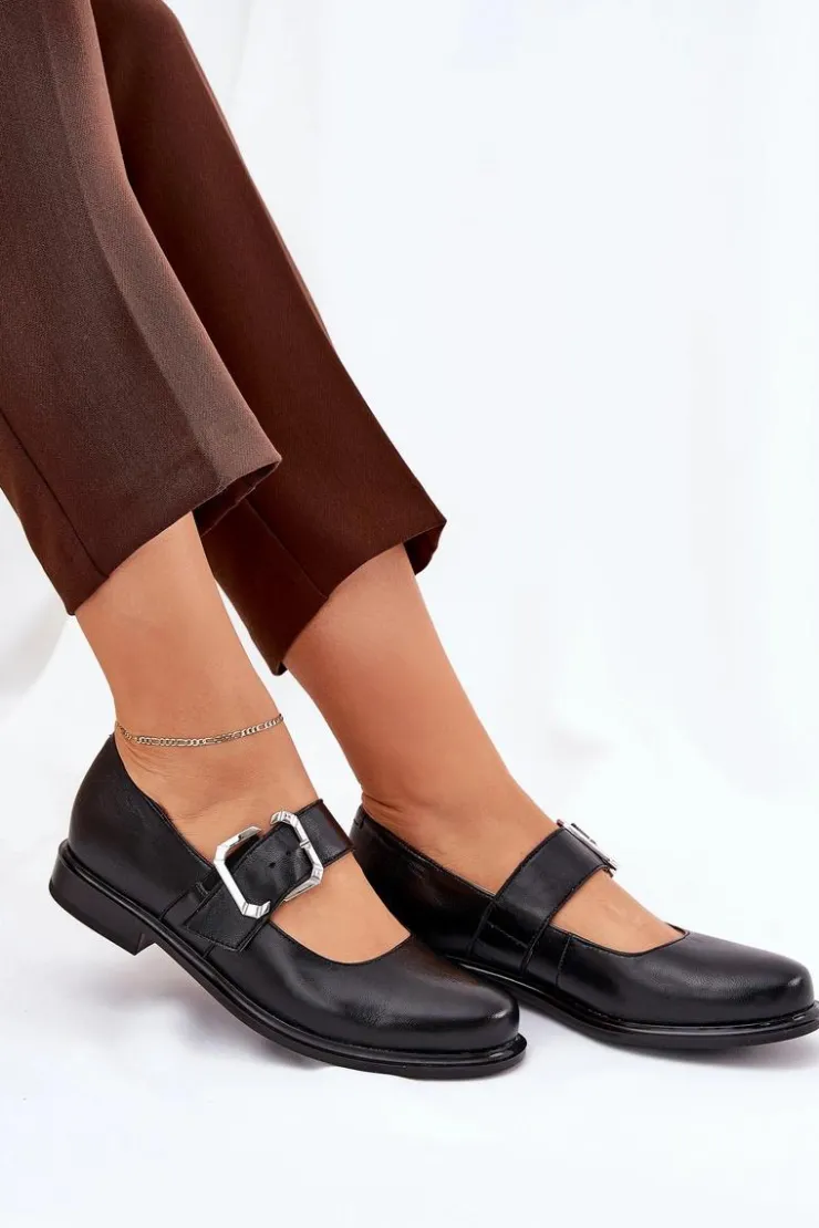 Outlet Laura Messi Skórzane Półbuty Damskie Z Klamrą 2980 Czarne Czarny