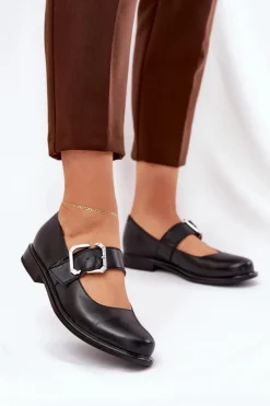 Outlet Laura Messi Skórzane Półbuty Damskie Z Klamrą 2980 Czarne Czarny