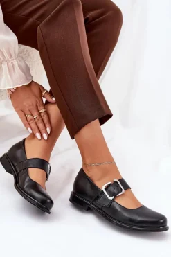 Outlet Laura Messi Skórzane Półbuty Damskie Z Klamrą 2980 Czarne Czarny