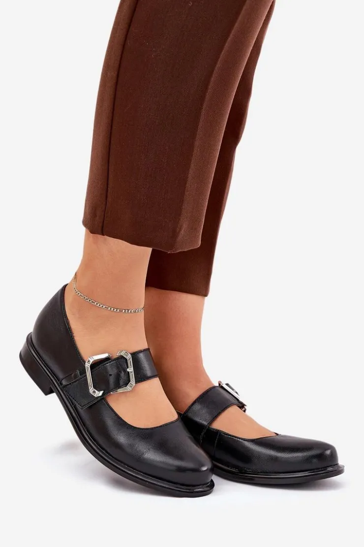 Outlet Laura Messi Skórzane Półbuty Damskie Z Klamrą 2980 Czarne Czarny