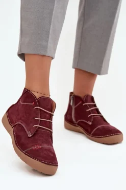 Artiker Półbuty Skórzane*Skórzane Półbuty Damskie Z Przeszyciami Na Zamek 57C2116 Bordowe Czerwony