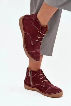 Artiker Półbuty Skórzane*Skórzane Półbuty Damskie Z Przeszyciami Na Zamek 57C2116 Bordowe Czerwony