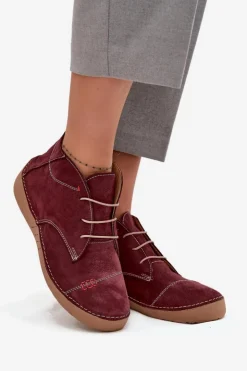 Artiker Półbuty Skórzane*Skórzane Półbuty Damskie Z Przeszyciami Na Zamek 57C2116 Bordowe Czerwony
