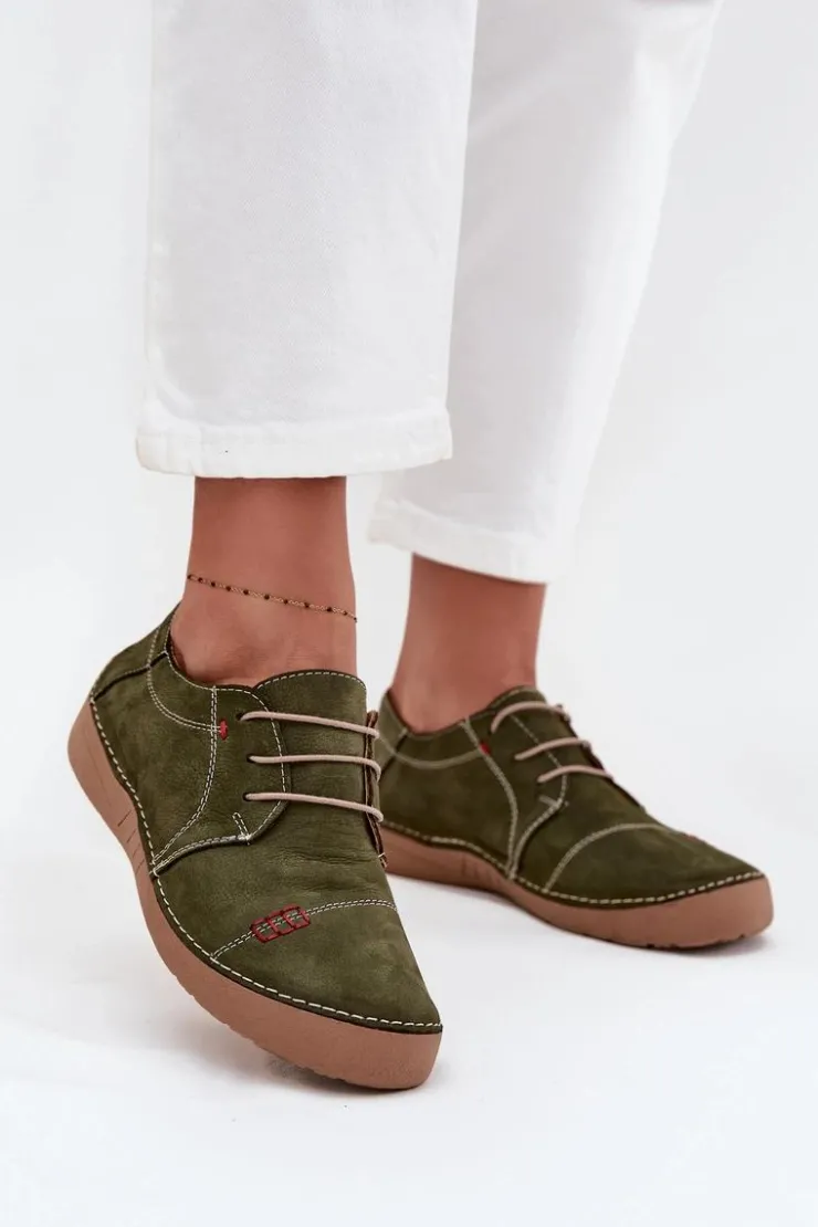 Artiker Półbuty Skórzane*Skórzane Półbuty Damskie Z Przeszyciami 57C2112 Zielone Zielony