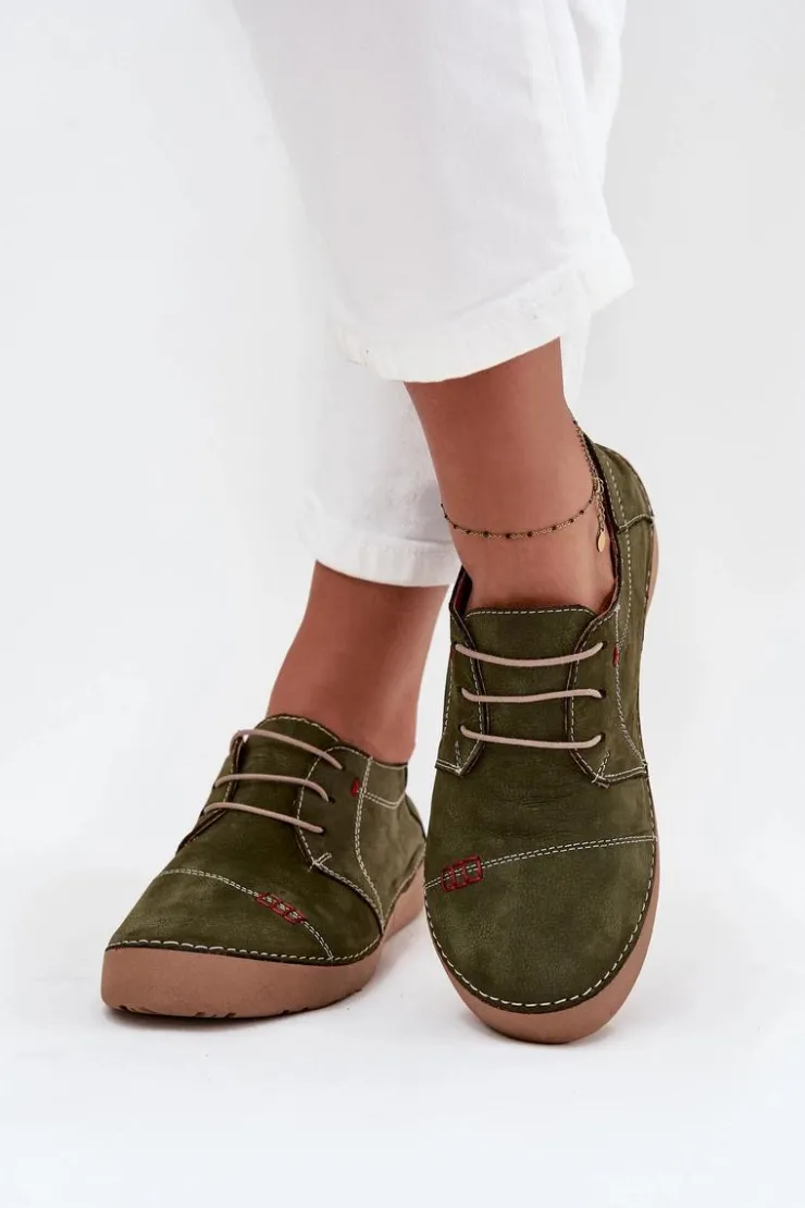 Artiker Półbuty Skórzane*Skórzane Półbuty Damskie Z Przeszyciami 57C2112 Zielone Zielony