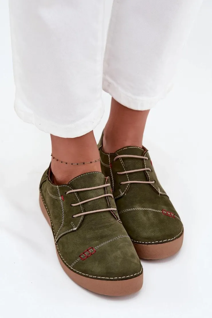Artiker Półbuty Skórzane*Skórzane Półbuty Damskie Z Przeszyciami 57C2112 Zielone Zielony