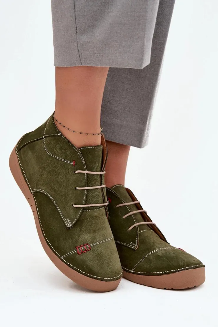 Online Artiker Skórzane Półbuty Damskie Z Przeszyciami Na Zamek 57C2119 Zielone Zielony