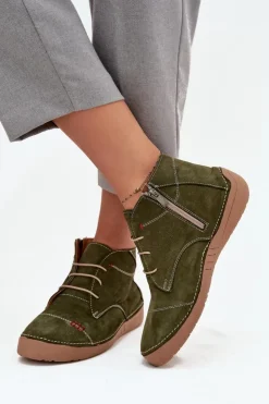 Online Artiker Skórzane Półbuty Damskie Z Przeszyciami Na Zamek 57C2119 Zielone Zielony