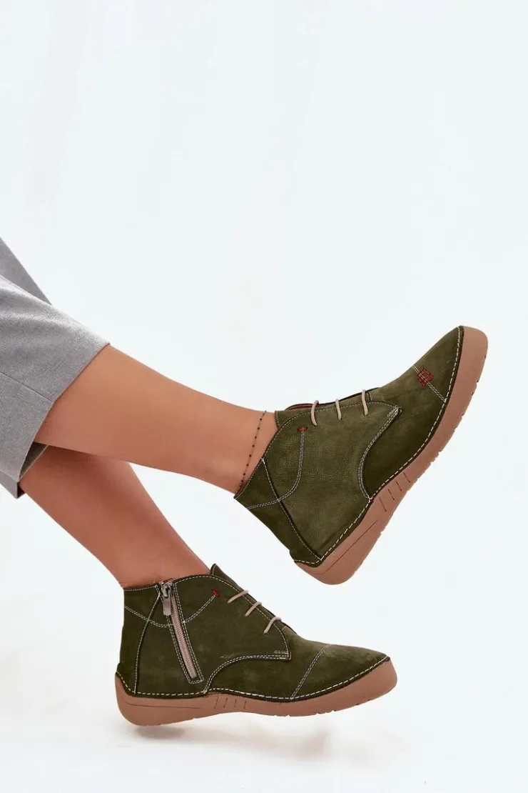 Online Artiker Skórzane Półbuty Damskie Z Przeszyciami Na Zamek 57C2119 Zielone Zielony
