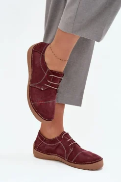 Discount Artiker Skórzane Półbuty Damskie Z Przeszyciami 57C2111 Bordowe Czerwony