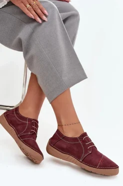 Discount Artiker Skórzane Półbuty Damskie Z Przeszyciami 57C2111 Bordowe Czerwony