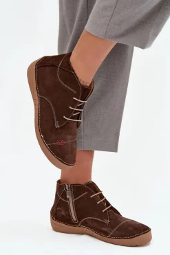 Damskie Artiker Skórzane Półbuty Damskie Z Przeszyciami Na Zamek 57C2117 Brązowe