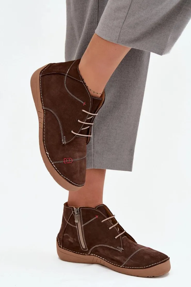 Damskie Artiker Skórzane Półbuty Damskie Z Przeszyciami Na Zamek 57C2117 Brązowe