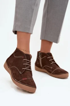 Damskie Artiker Skórzane Półbuty Damskie Z Przeszyciami Na Zamek 57C2117 Brązowe