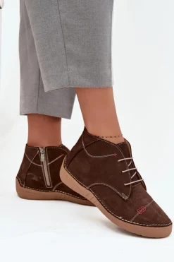 Damskie Artiker Skórzane Półbuty Damskie Z Przeszyciami Na Zamek 57C2117 Brązowe