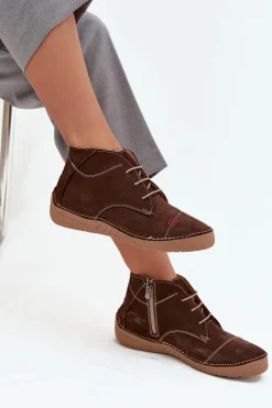 Damskie Artiker Skórzane Półbuty Damskie Z Przeszyciami Na Zamek 57C2117 Brązowe