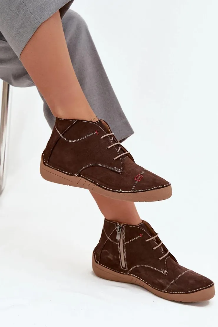Damskie Artiker Skórzane Półbuty Damskie Z Przeszyciami Na Zamek 57C2117 Brązowe