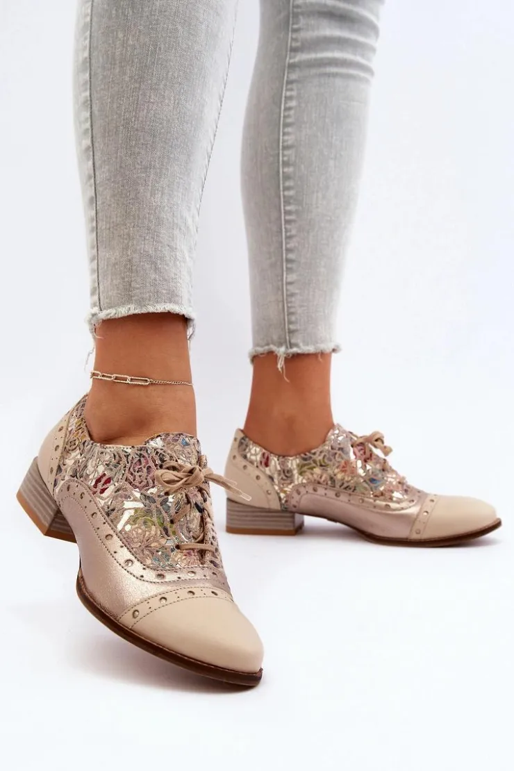 Damskie Maciejka Skórzane Półbuty Damskie Ze Zdobioną Cholewką 06408-04 Beżowe