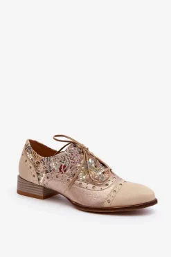 Damskie Maciejka Skórzane Półbuty Damskie Ze Zdobioną Cholewką 06408-04 Beżowe