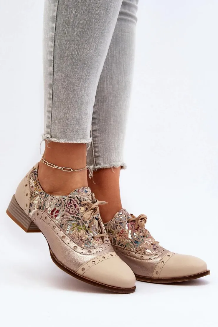 Damskie Maciejka Skórzane Półbuty Damskie Ze Zdobioną Cholewką 06408-04 Beżowe