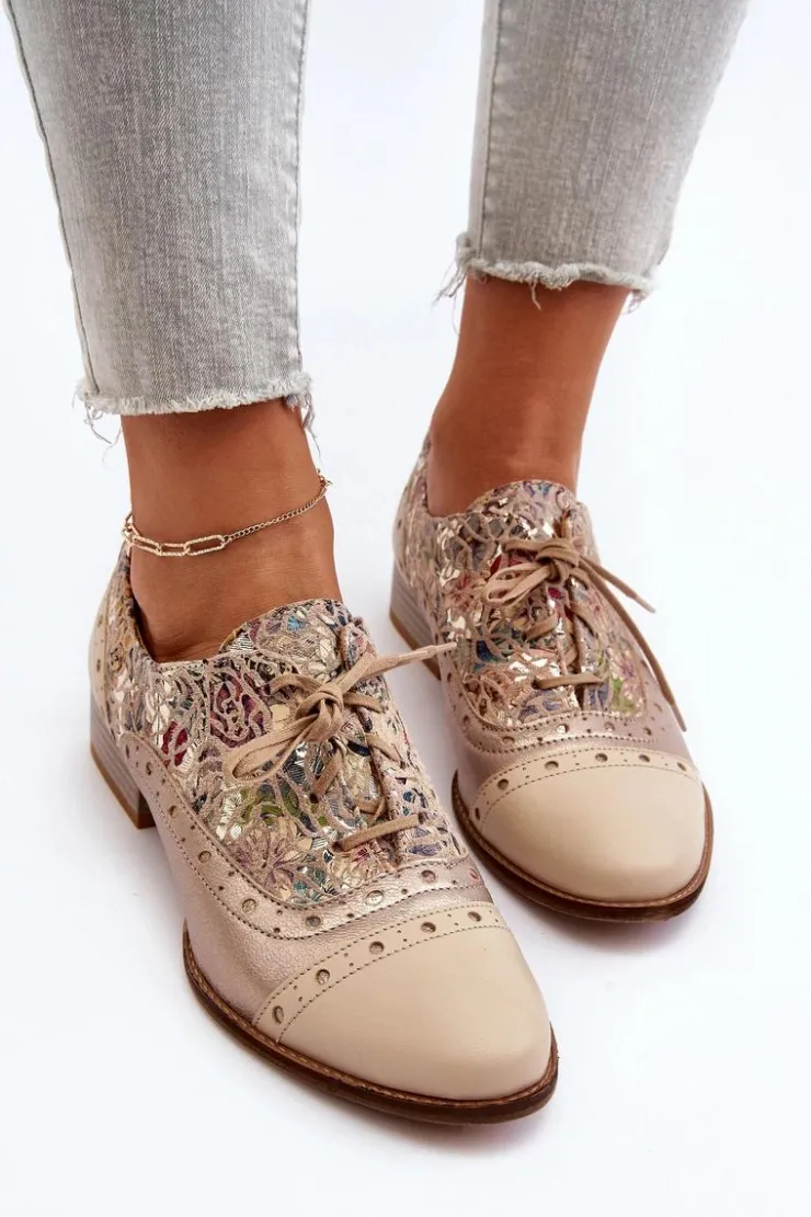 Damskie Maciejka Skórzane Półbuty Damskie Ze Zdobioną Cholewką 06408-04 Beżowe