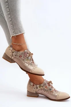 Damskie Maciejka Skórzane Półbuty Damskie Ze Zdobioną Cholewką 06408-04 Beżowe