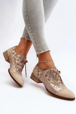 Damskie Maciejka Skórzane Półbuty Damskie Ze Zdobioną Cholewką 06408-04 Beżowe
