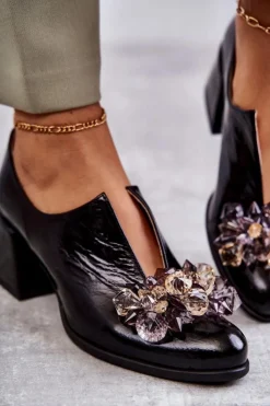 Hot Boto Skórzane Półbuty Gładkie Z Jasną Ozdobą Czarne Delaver