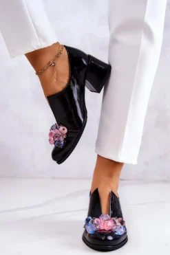 Damskie Boto Skórzane Półbuty Gładkie Z Ozdobą Czarne Delaver