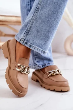Discount Boto Skórzane Półbuty Loafery Łańcuch Ciemnobeżowe Amicable
