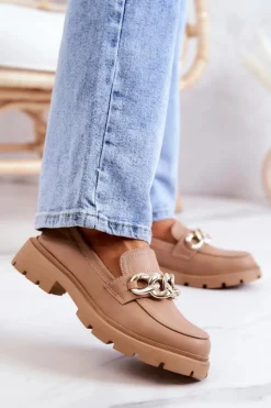 Discount Boto Skórzane Półbuty Loafery Łańcuch Ciemnobeżowe Amicable