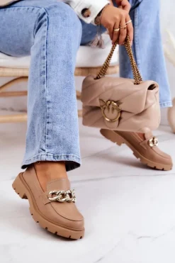 Discount Boto Skórzane Półbuty Loafery Łańcuch Ciemnobeżowe Amicable