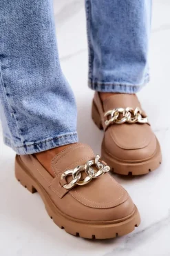 Discount Boto Skórzane Półbuty Loafery Łańcuch Ciemnobeżowe Amicable